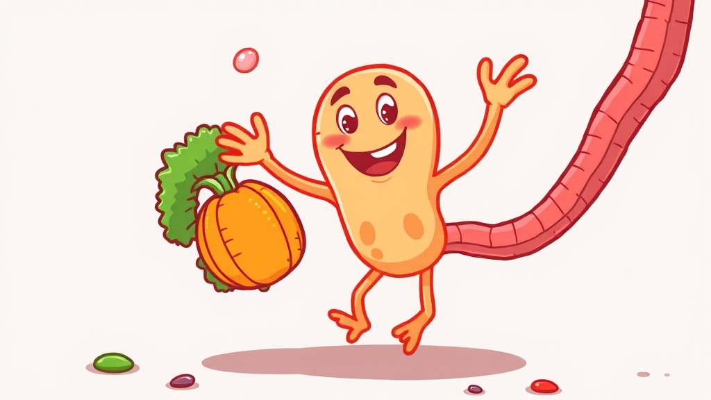 유산균 & 식이섬유, 장 건강 핵심 (cartoon 스타일)