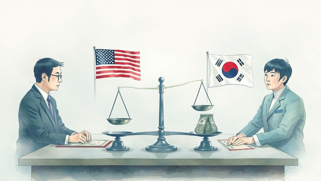 한미 관세 협상 개요 (watercolor 스타일)