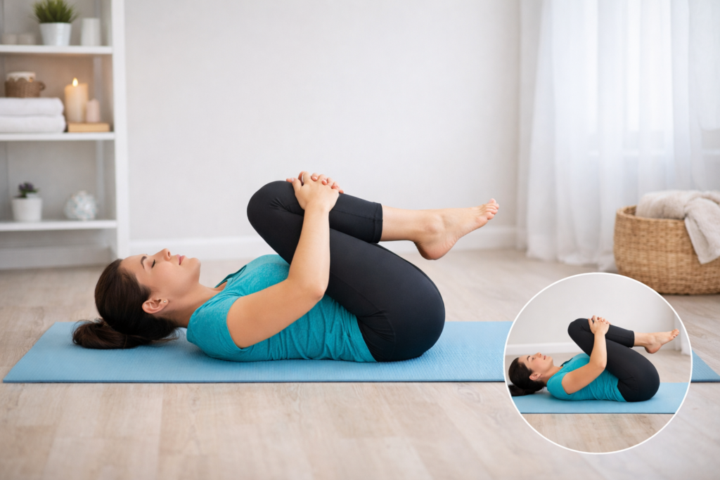 배 가스 원인부터 해결까지: 운동, 마사지, 식습관 총정리 4 무릎 당기기 운동 중인 여성