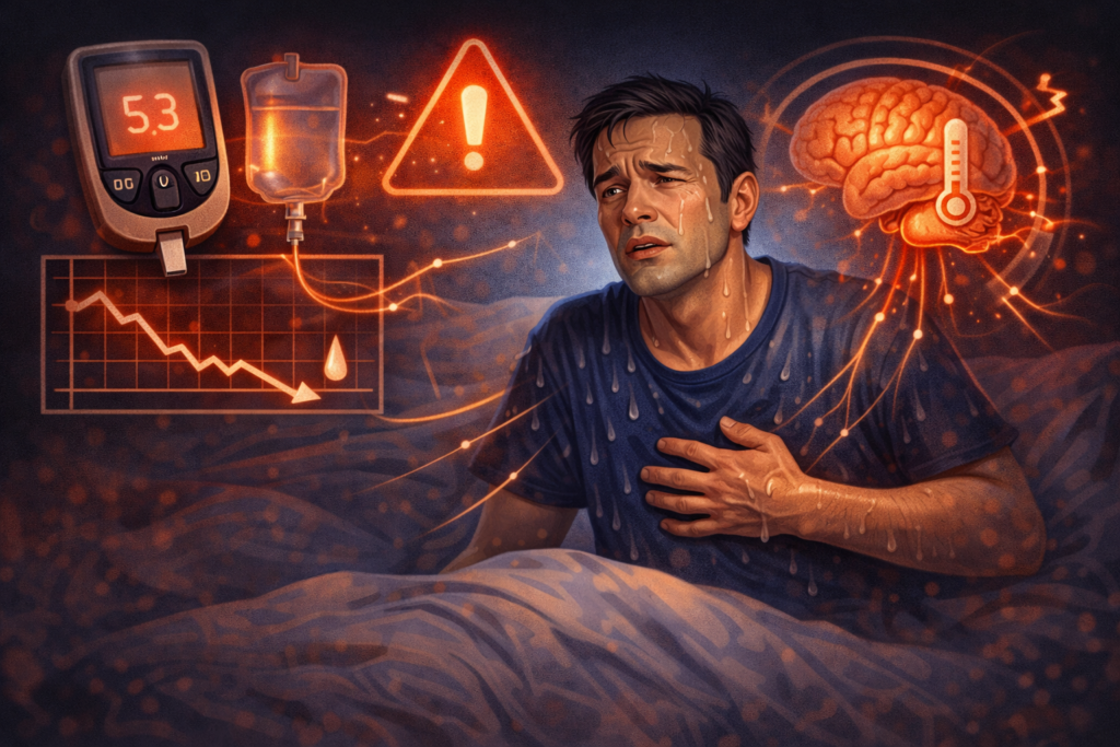 저혈당 경고와 신경 변화를 나타내는 장면